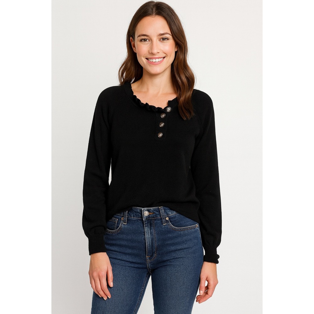 BTFBM Black Ruffle Neck Button Up Long‎ Sleeve Sweater Top Women Size L